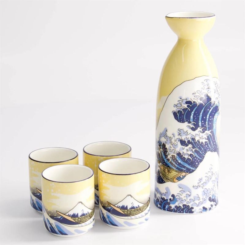 Sake-Set mit einer Flasche und 4 Tassen, KANAGAWA URANAMI, Welle