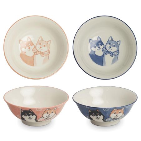 Japanese Ceramic Soup Bowl Duo, Pink and Blue - SHIBA INU