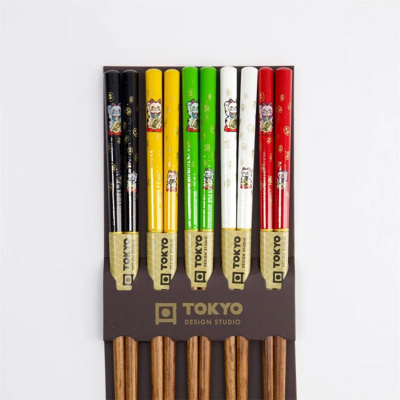 Set de baguettes japonaises 5 coloris en bois chats MANEKINEKO