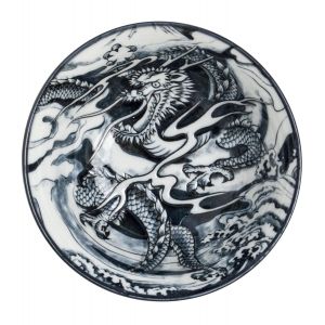 Japanese ceramic ramen bowl RYU dragon, blue and white