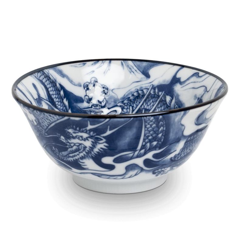 Japanese ceramic dragon ramen bowl RYU, blue and white