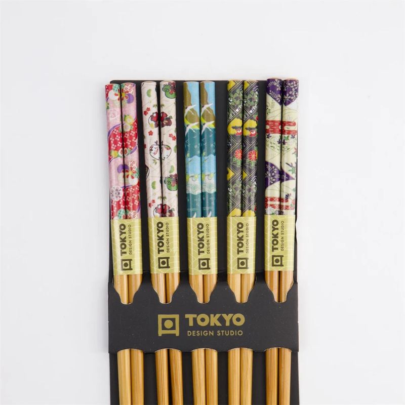 Set of wooden chopsticks, 5 colors, Japanese fabric patterns