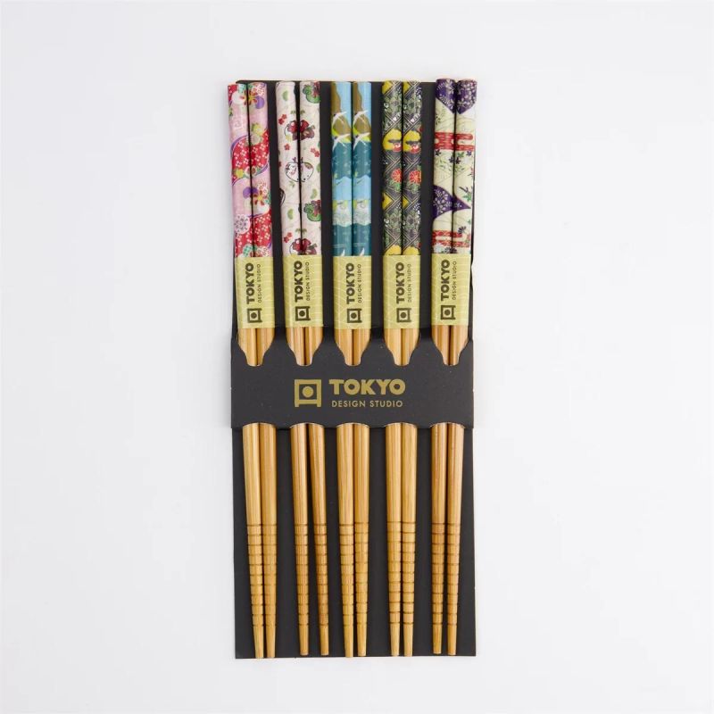 Set de baguettes en bois, 5 couleurs, motifs tissus japonais