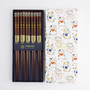 Set of 5 wooden chopsticks, cat patterns + MANEKINEKO box