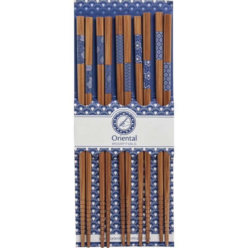 Set of 5 pairs of Japanese chopsticks with blue patterns