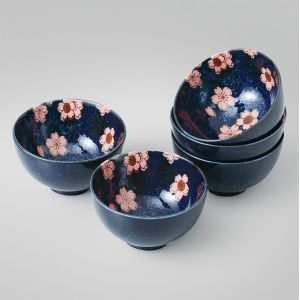 Set di 5 ciotole di riso giapponesi in ceramica blu scuro - SAKURA