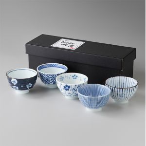 Set de 5 bols à thé en céramique japonaise-AIZOME GOSO SENCHA