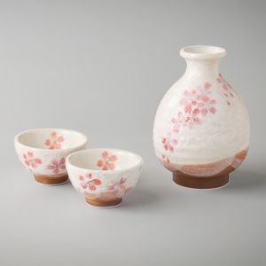 Servizio di sake in ceramica giapponese, 1 bottiglia e 2 tazze, SAKURAZAKE, fiori bianchi e rosa