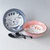 Set aus 2 japanischen Keramikschalen in rosa und blau mit Löffel - NEKOTOSUPUN