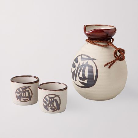 Service à saké japonais, beige et marron, motif kanji