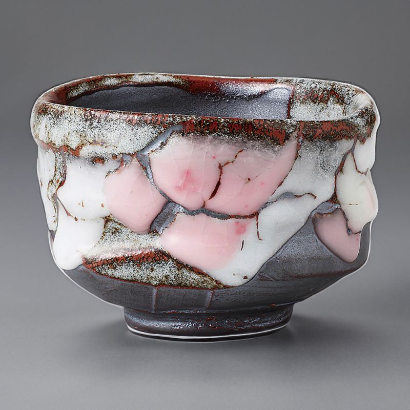 Cuenco de té japonés para ceremonia – chawan, SEIJI, gris blanco y rosa