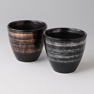 Duo de tasses à thé japonaise en céramique, noir et lignes argentées - GIN