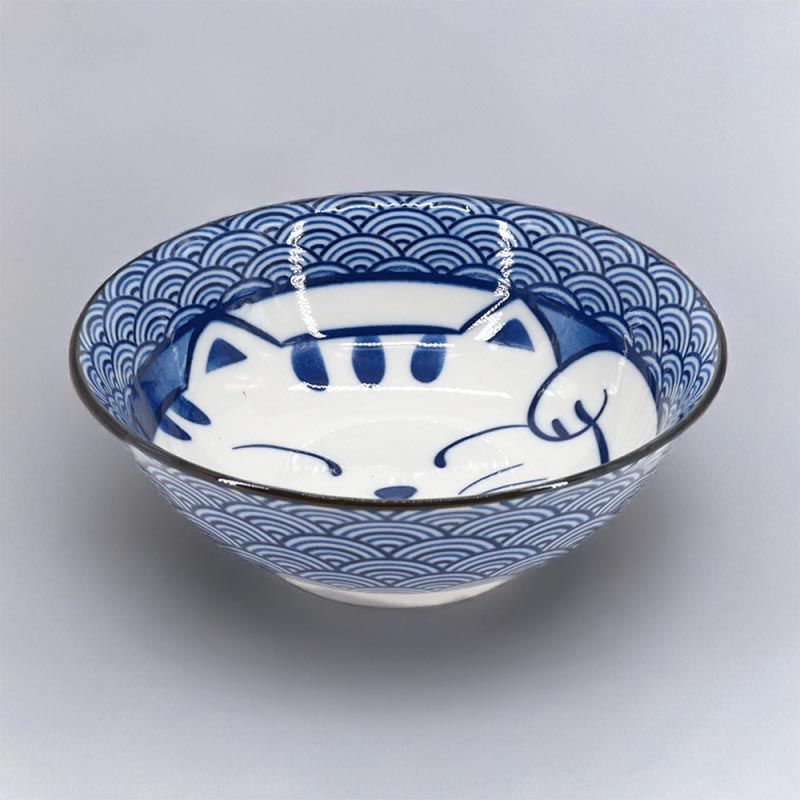 Japanese ceramic ramen bowl - AO MANEKINEKO - cat motif