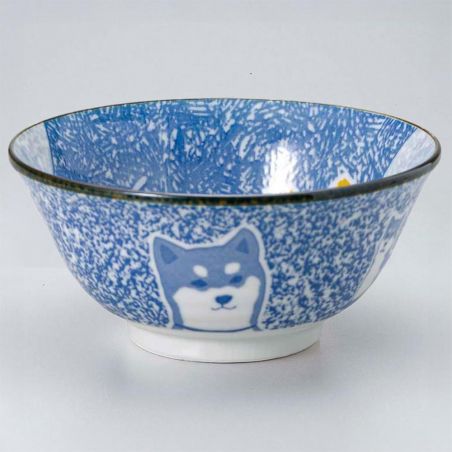 Blue ceramic Japanese ramen bowl with shiba dog motif - SHIBAINU