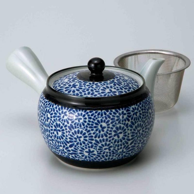 Tetera japonesa kyusu de cerámica blanca y azul, ARABESUKU, 460 cc