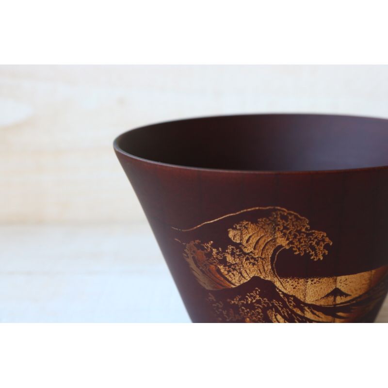 Japanese rice bowl in dark natsume wood with wave pattern - NAMI