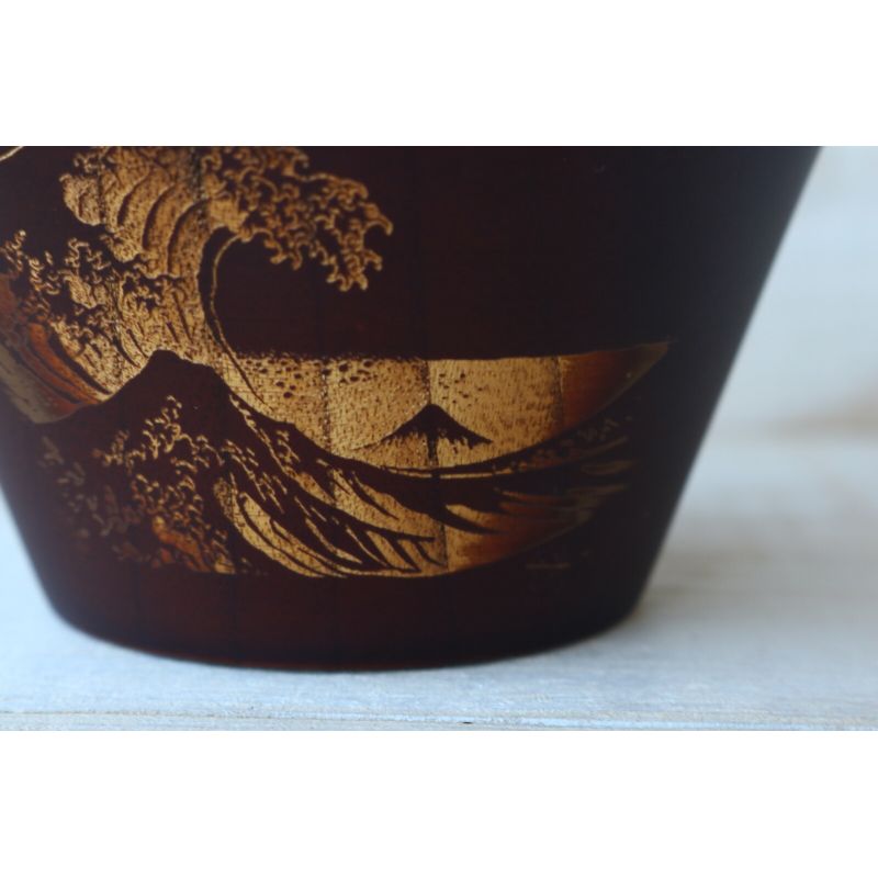 Japanese rice bowl in dark natsume wood with wave pattern - NAMI