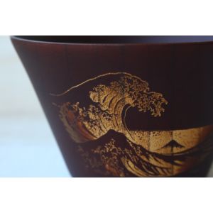 Japanese rice bowl in dark natsume wood with wave pattern - NAMI