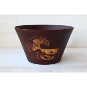 Japanese rice bowl in dark natsume wood with wave pattern - NAMI