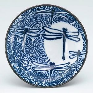 Japanese dragonfly ceramic ramen bowl, TOMBO, blue and white