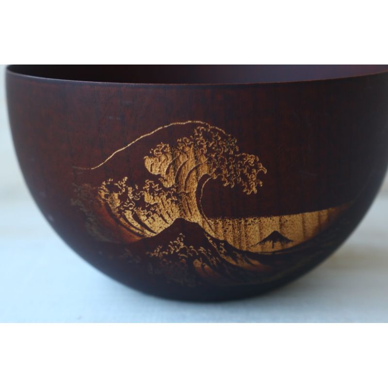 Japanese round rice bowl in dark natsume wood with wave pattern - NAMI