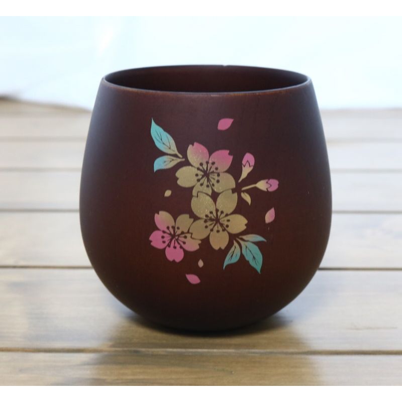 Japanese dark brown wooden bowl, cherry blossoms - SAKURA NO HANA 1