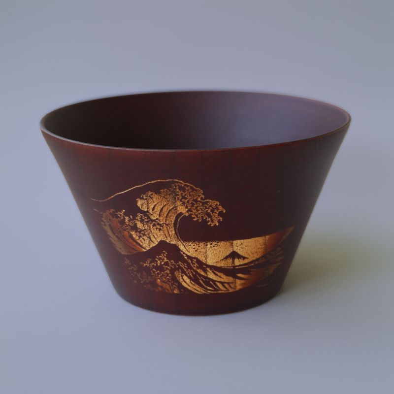 Japanese rice bowl in dark natsume wood with wave pattern - NAMI