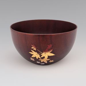 Japanese brown wooden bowl, autumn leaves - MOMIJI