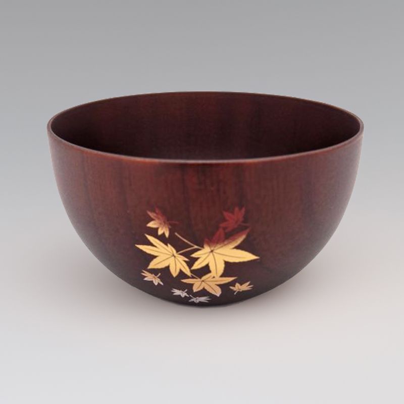 Japanese brown wooden bowl, autumn leaves - MOMIJI