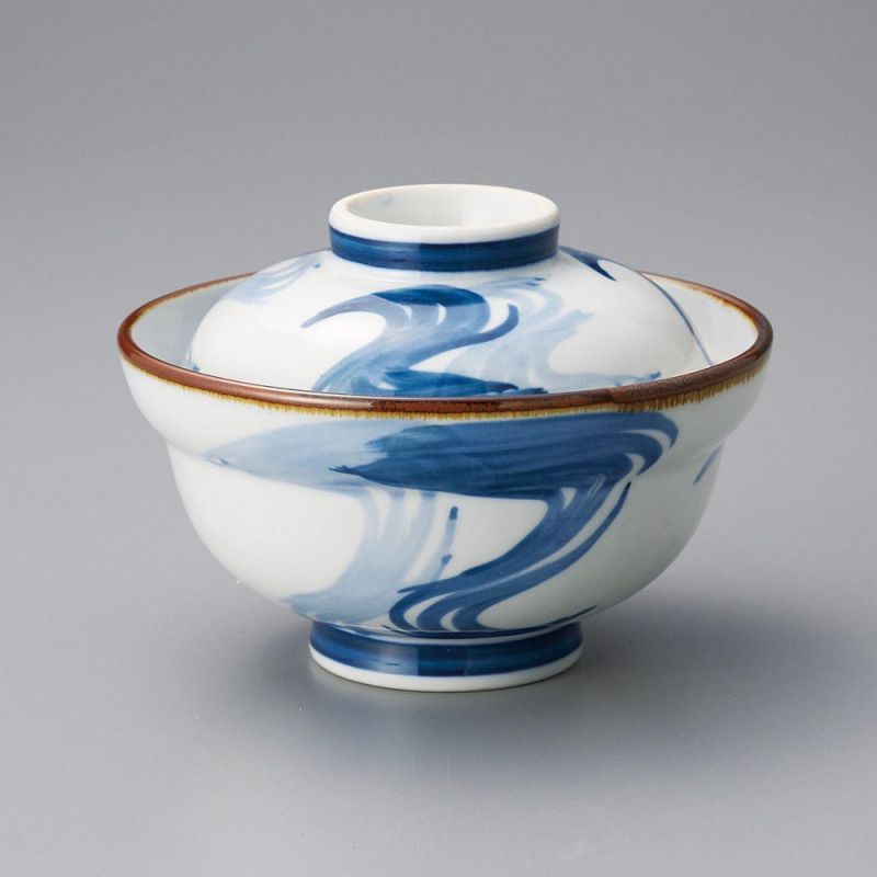 Japanese bowl with lid, white and blue - RYUSUI