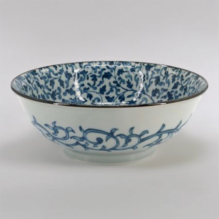 Japanese ramen bowl in white ceramic with floral motifs, SHITO