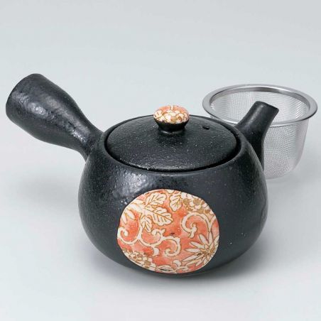 Japanese kyusu ceramic teapot with filter and enamelled interior, black floral circle - HANA NO WA