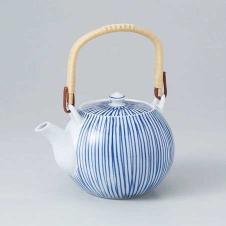 Japanese ceramic teapot with handle, white, blue stripes - SUTORAIPU