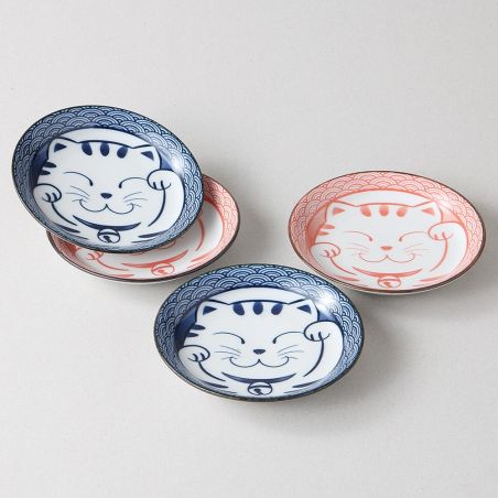 Set of 4 small blue and pink ceramic plates with Cat pattern - NEKO