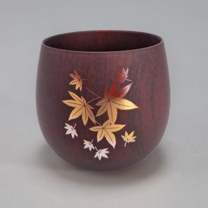 Japanese tea cup in dark natsume wood with maple leaf pattern, MOMIJI 1