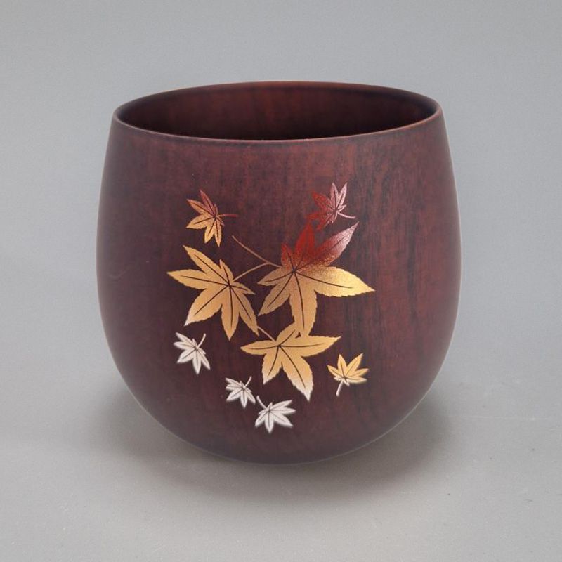 Japanese tea cup in dark natsume wood with maple leaf pattern, MOMIJI 1