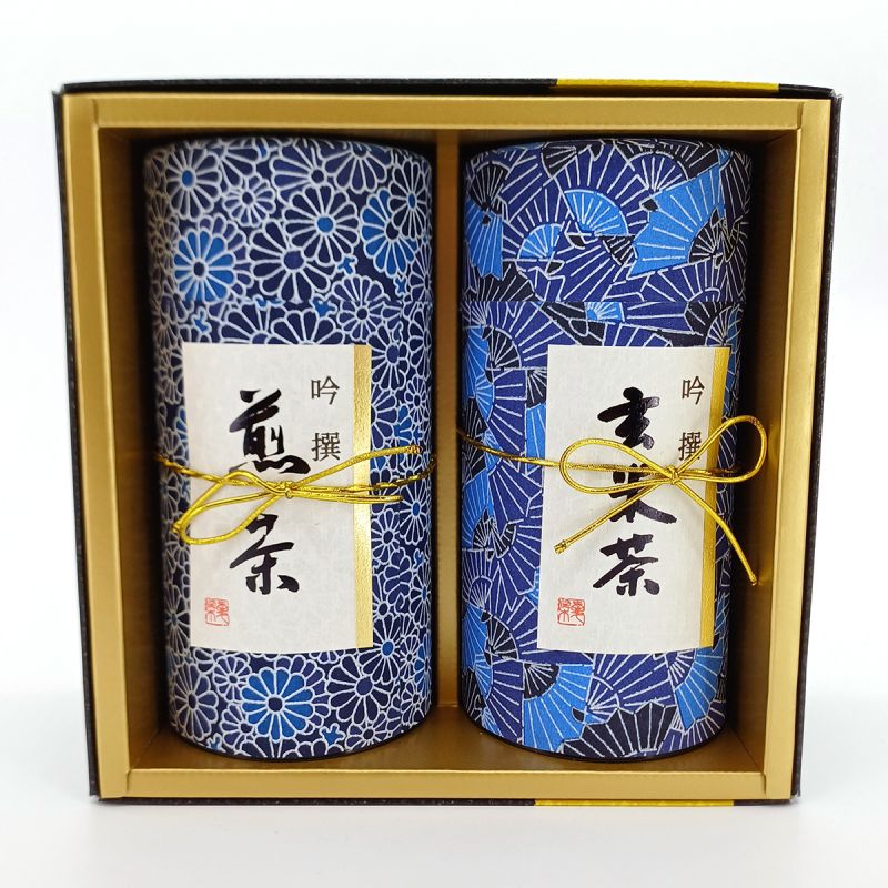 Dúo de botes de té japonés azul cubiertos con papel washi, AIZOME, 200 g