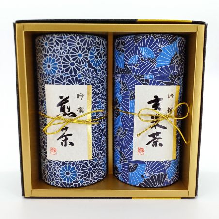 Duo of blue Japanese tea canisters covered with washi paper, AIZOME, 200 g