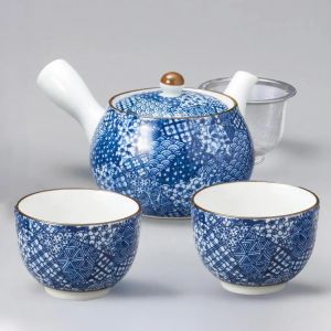 Japanese blue and white ceramic teapot and two cups, 420cc - ARITA WARE