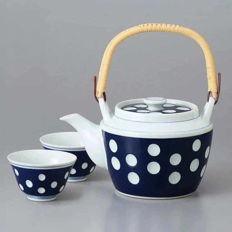 Japanese ceramic teapot with handle, blue and white dots - POINTO