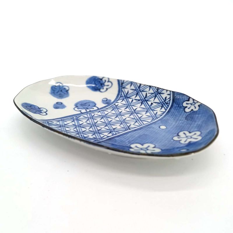 Japanese ceramic oval plate, gray and blue - SAKURA