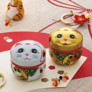 Boîte à thé japonaise blanche en métal, MANEKINEKO, 150 g