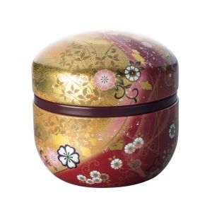 Japanese red and gold metal tea caddy, SUZUKO HANAFUBUKI, 150 g