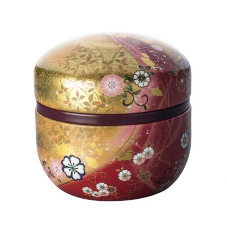 Boîte à thé japonaise rouge et dorée en métal, SUZUKO HANAFUBUKI, 150 g