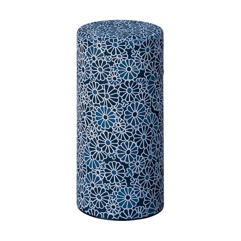 Japanese blue tea caddy with chrysanthemum patterns in washi paper, AIZOME KIKU, 200 g