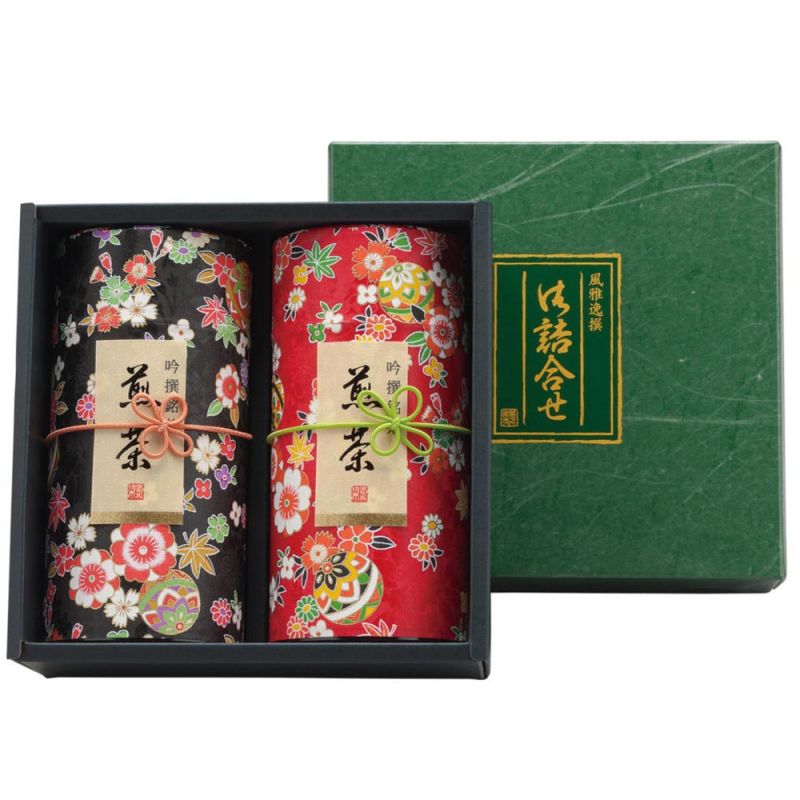 Duo of red and black Japanese tea canisters covered with washi paper, HANAYOSE , 200 g