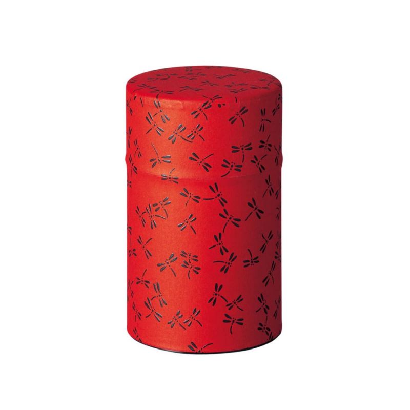 Japanese red dragonfly pattern tea caddy in metal, TOMBO, 150 g or 200 g