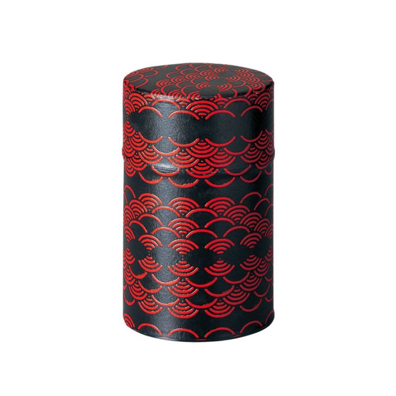 Boîte à thé japonaise noire et rouge motif vagues en métal, SEIGAIHA,150 g