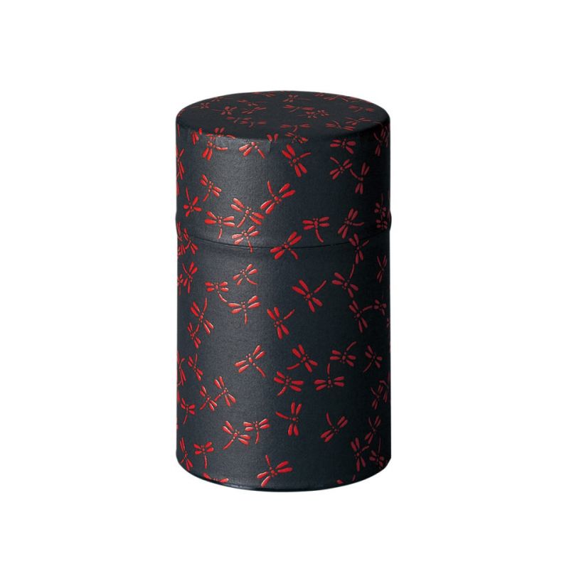 Caja de té japonesa de metal negro y rojo con diseño de libélula, TOMBO, 150 g