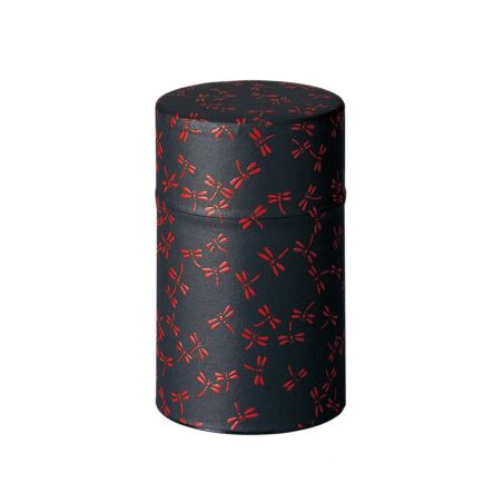 Japanese black and red metal tea canister with dragonfly pattern, TOMBO, 150 g